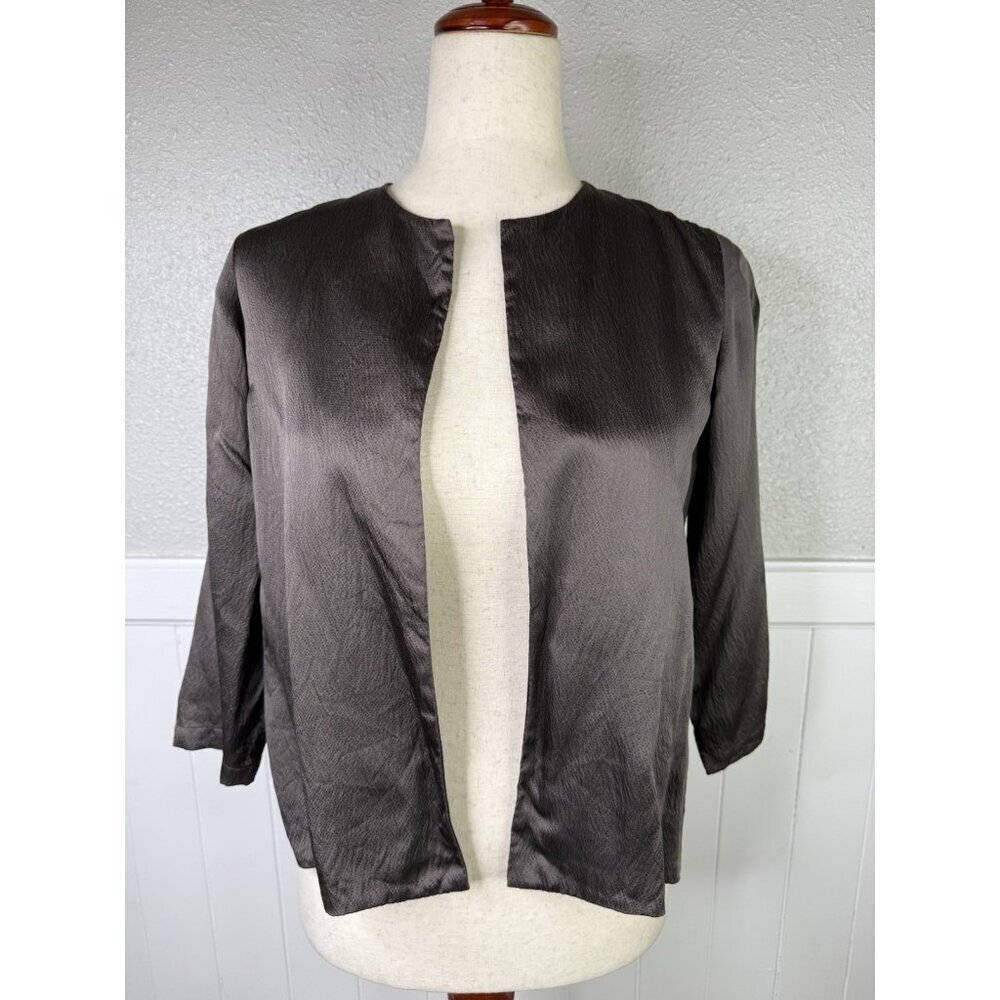 Eileen Fisher Silk Jacket Topper sz PP  Brown Open Front  Minimalist Sheen